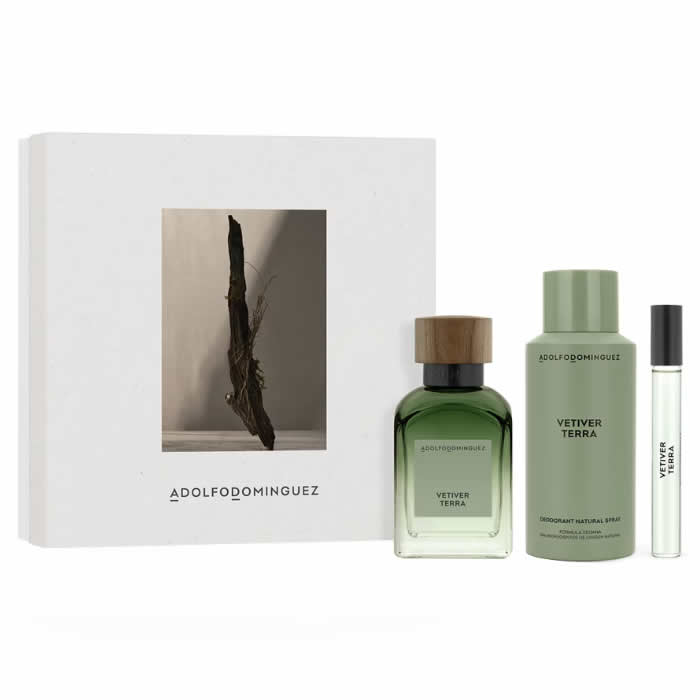 8410190634916 Adolfo Dominguez Vetiver Terra Eau De Perfume Spray 120ml Set 3 PIeces - Image 1