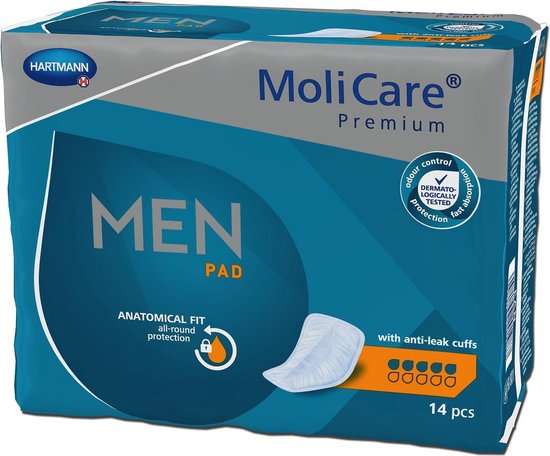 550x456 Molicare Premium Men Pad 5 Druppels 852 ml Absorptie 14 stuks - Image 1